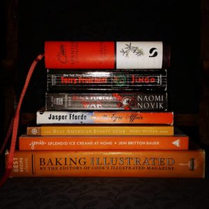 stack of orange books